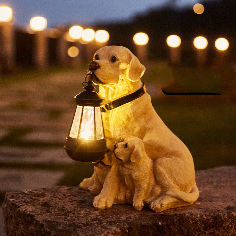 LEDランタン付きの太陽犬の像 - 装飾と光